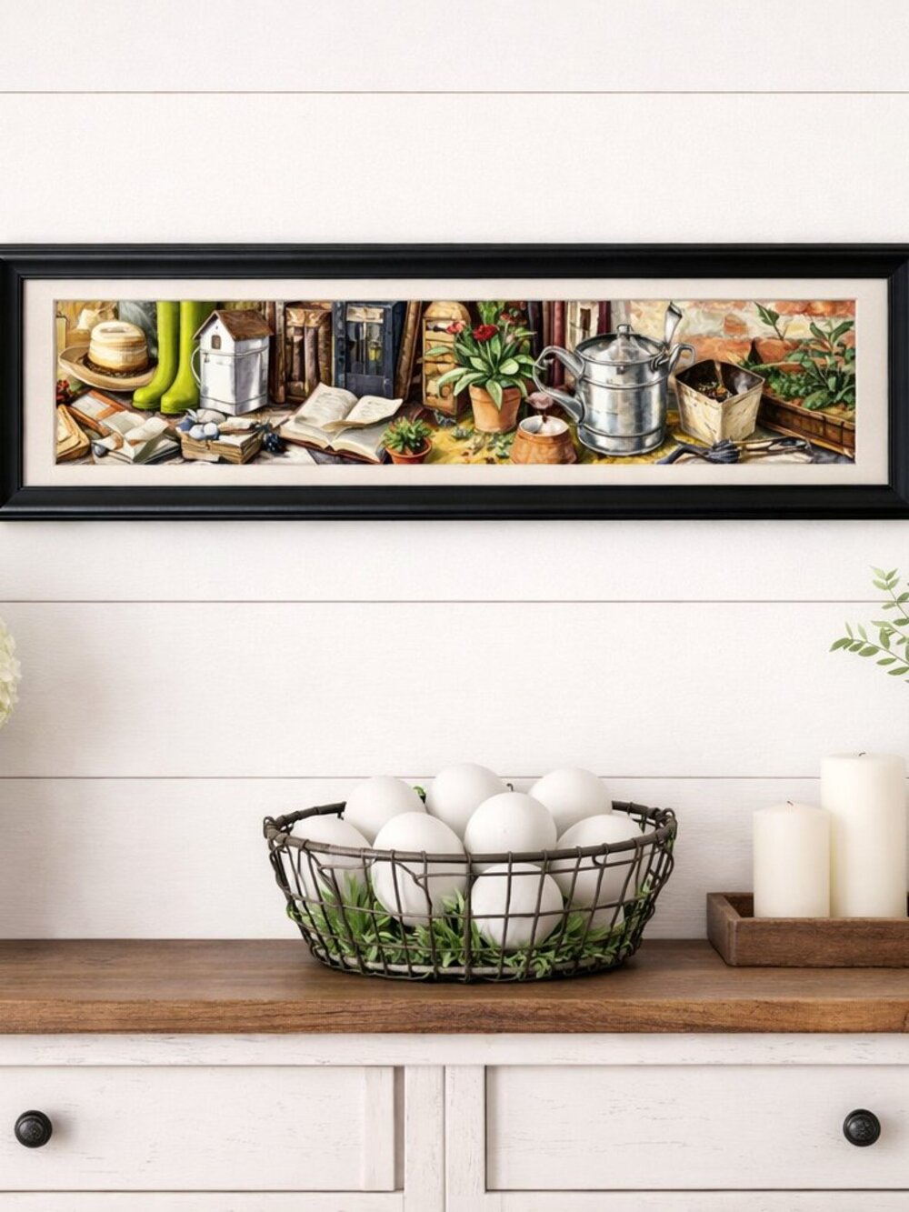 Farmhouse Decor Bundle | Rustic Garden Framed Print + 12 White Decorative Eggs S